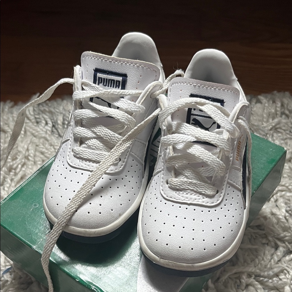 Puma Kids White Sneakers with Blue Accents